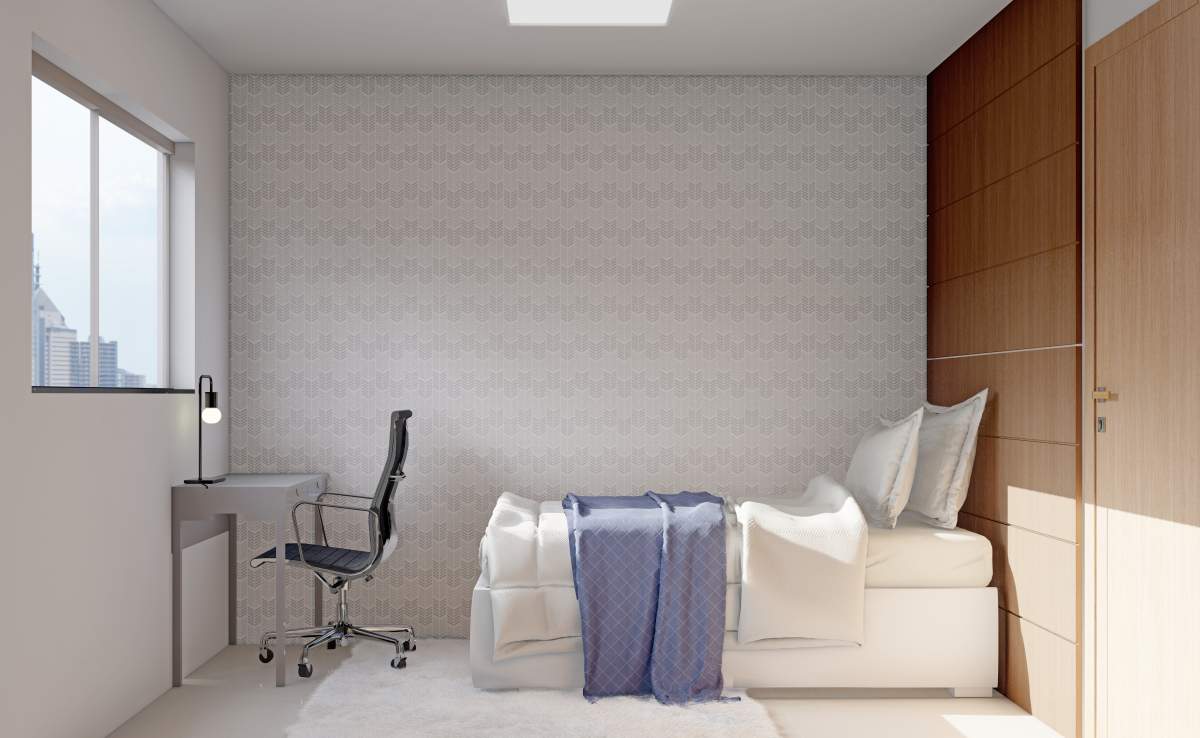 Segundo quarto com espaço de estudo no apartamento decorado do Residencial Lisboa